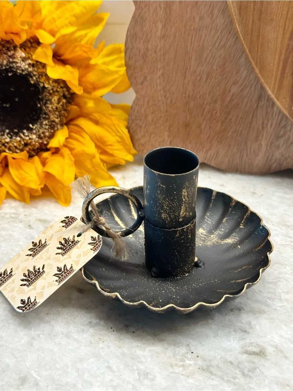 New Rustic Style Matte Black Fluted Metal Taper Candle Holder w/ Ring Handle